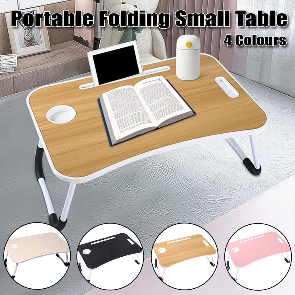 Foldable Bed Tray Table Featuring Cup and Tablet Slots