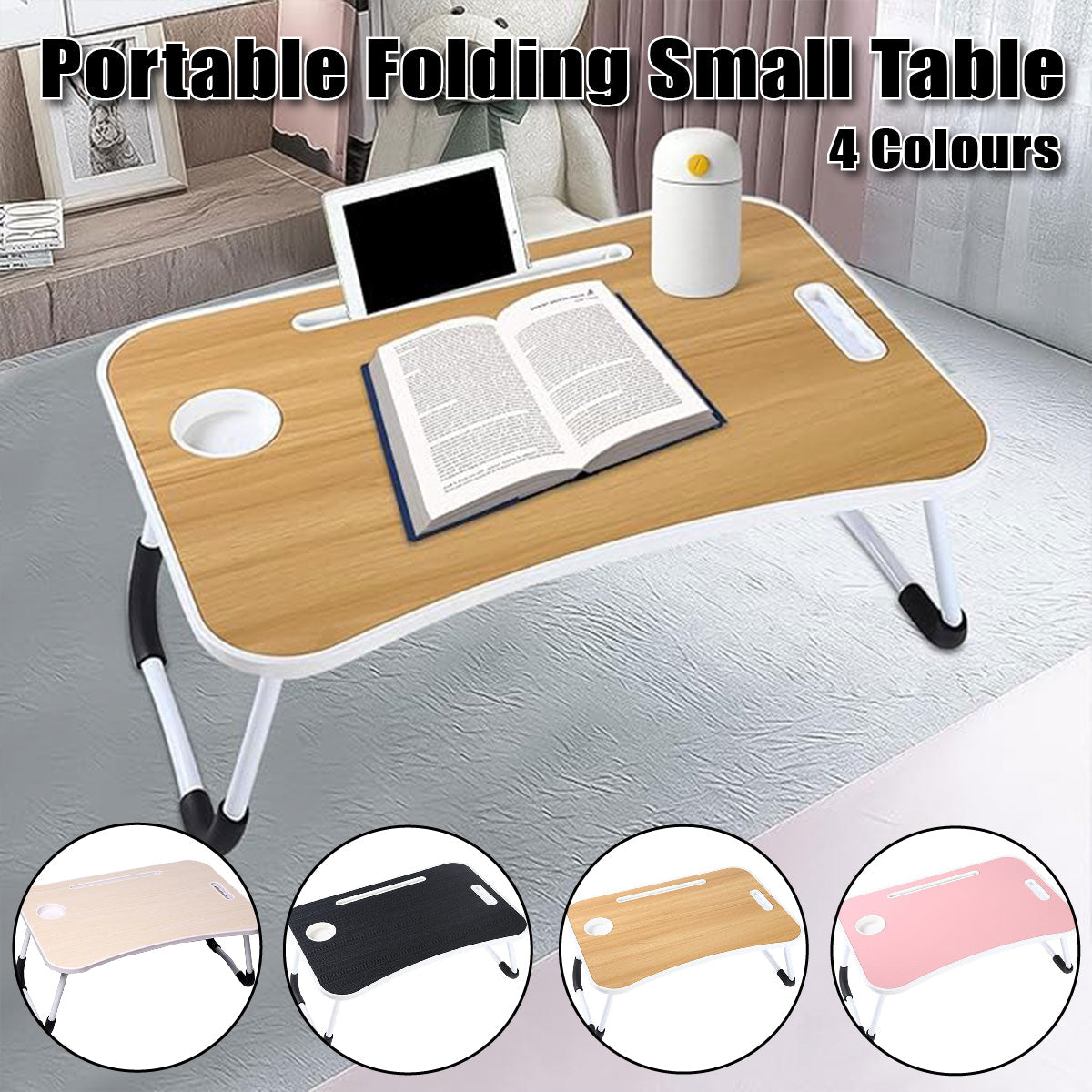 Foldable Bed Tray Table Featuring Cup and Tablet Slots