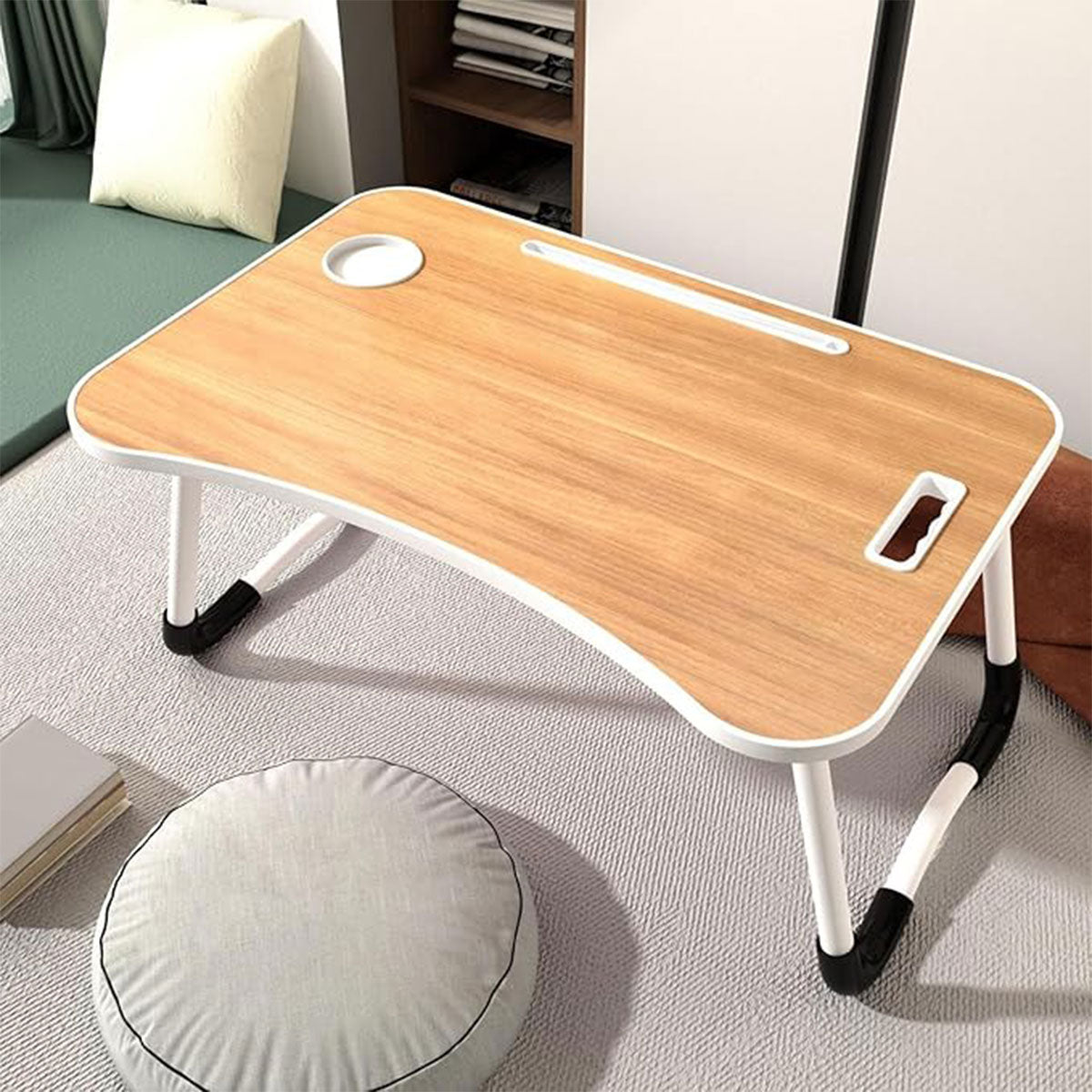 Foldable Bed Tray Table Featuring Cup and Tablet Slots