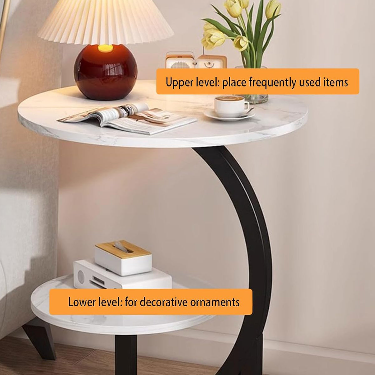 Round Two-Tier End Table with Marble-Look Top