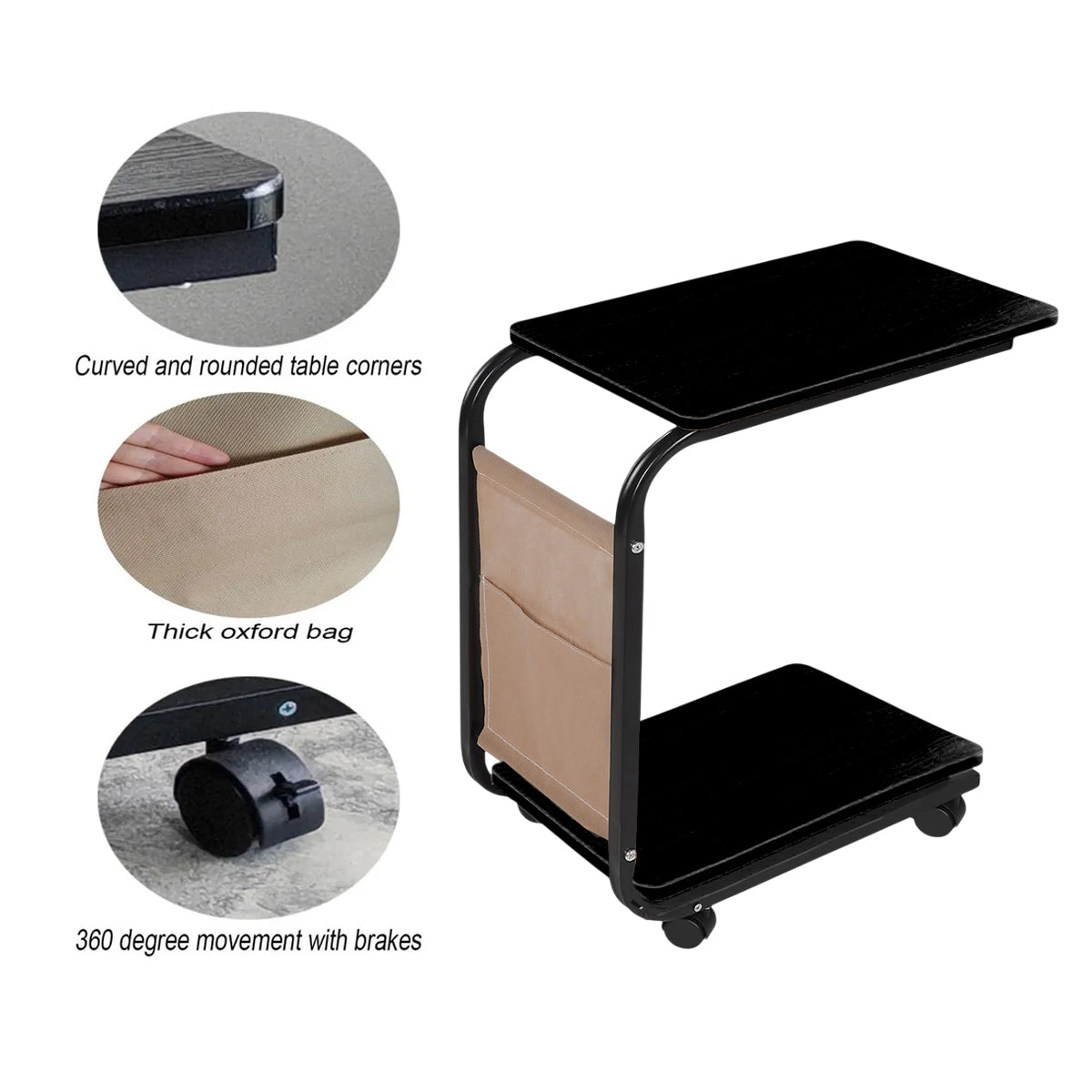Mobile Sofa Side Table Featuring Lockable Wheels