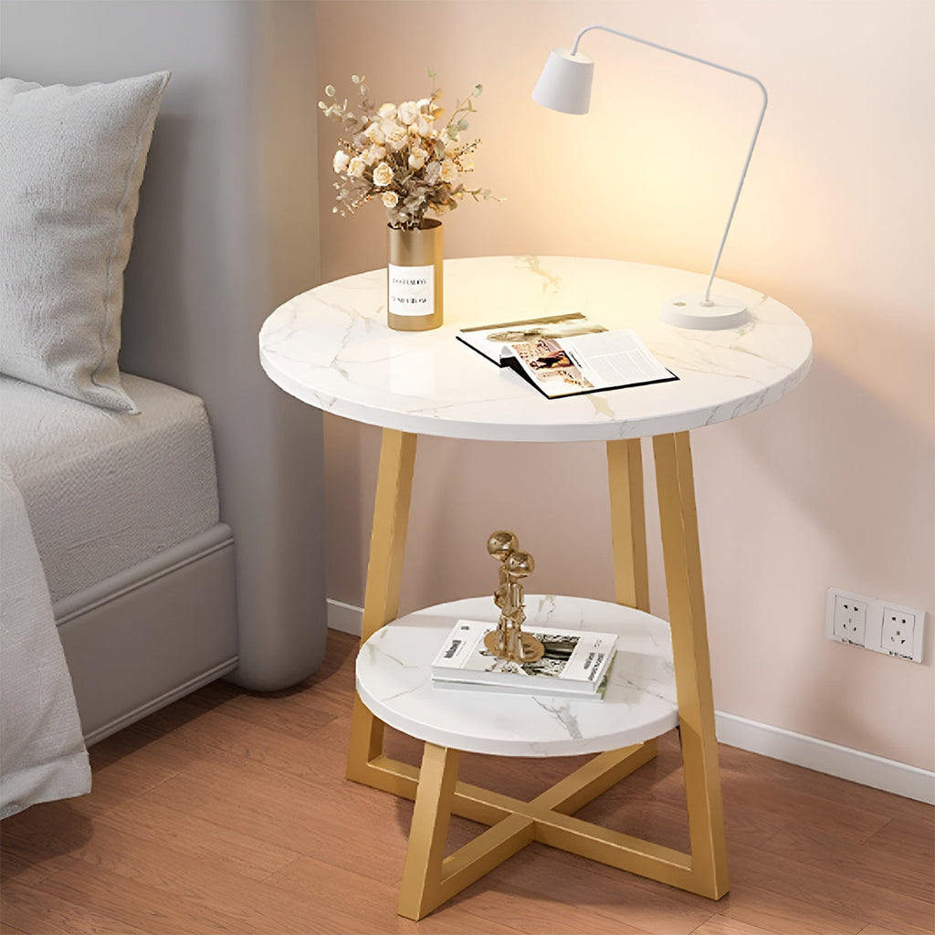 2-Tier Round Side Table with Marble-Look Top