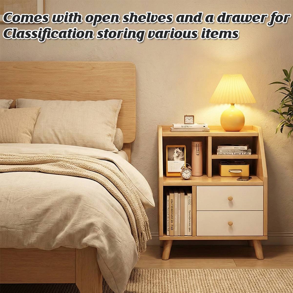 Modern Minimalist Bedside Table Bedroom Nightstand with Storage Drawer Shelf