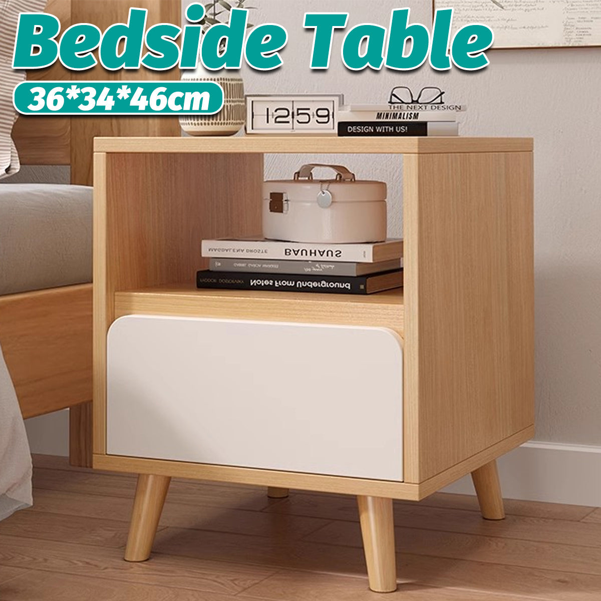 Bedside Table with Drawers Nightstand Wood End Table Bedroom Storage Space Saving