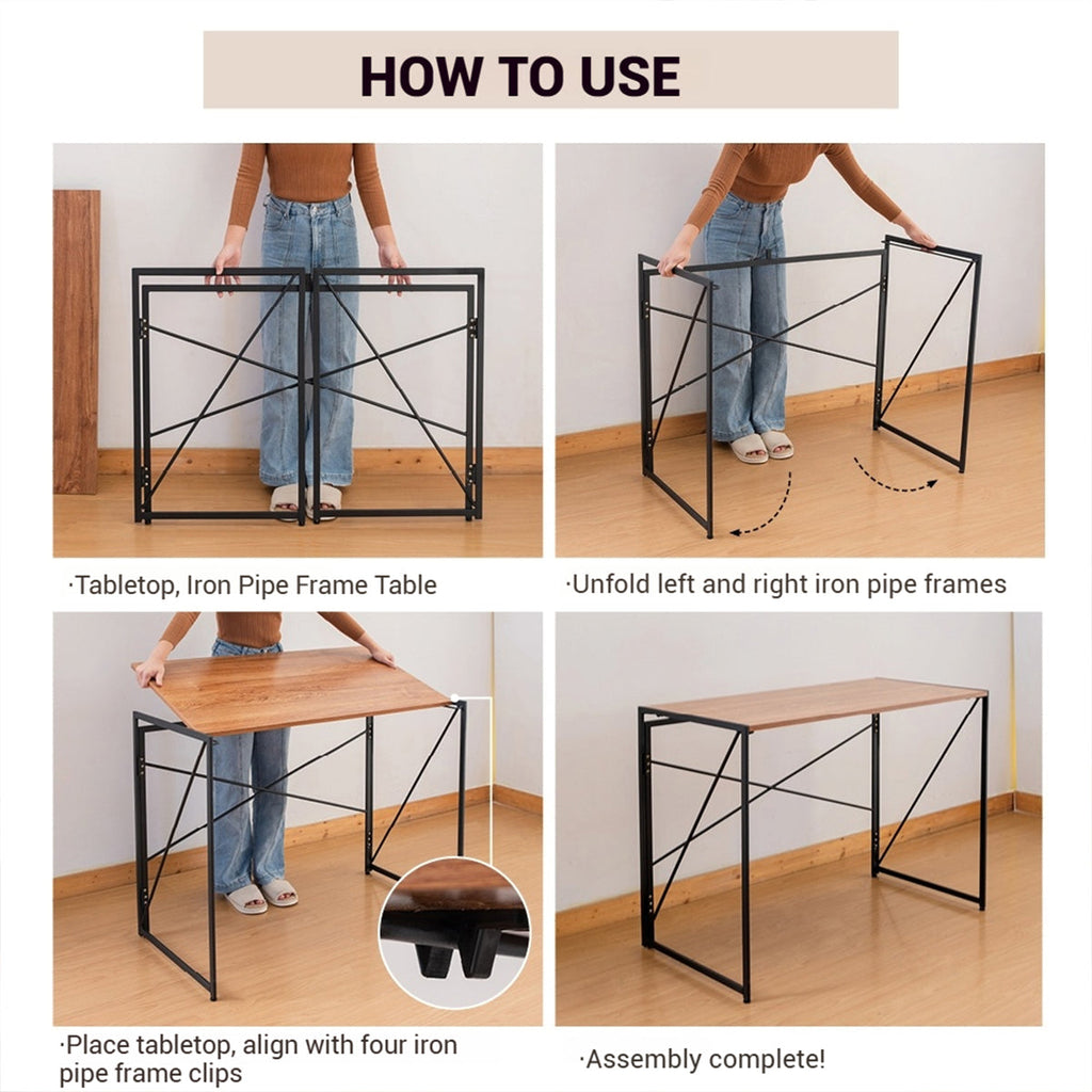 Compact Folding Study Desk with Metal Pipe Frame