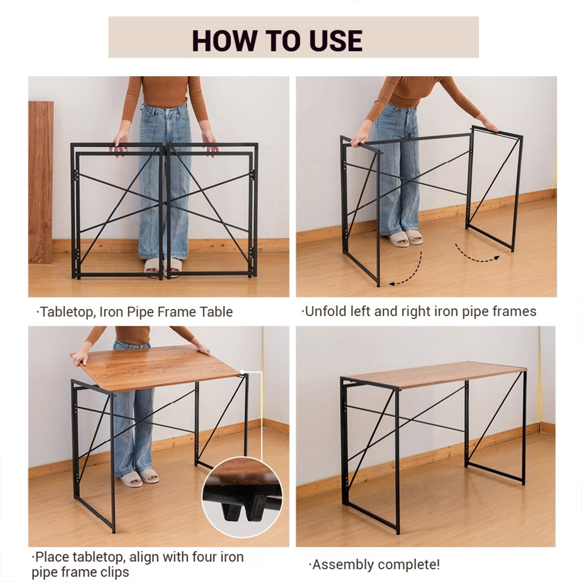 Compact Folding Study Desk with Metal Pipe Frame