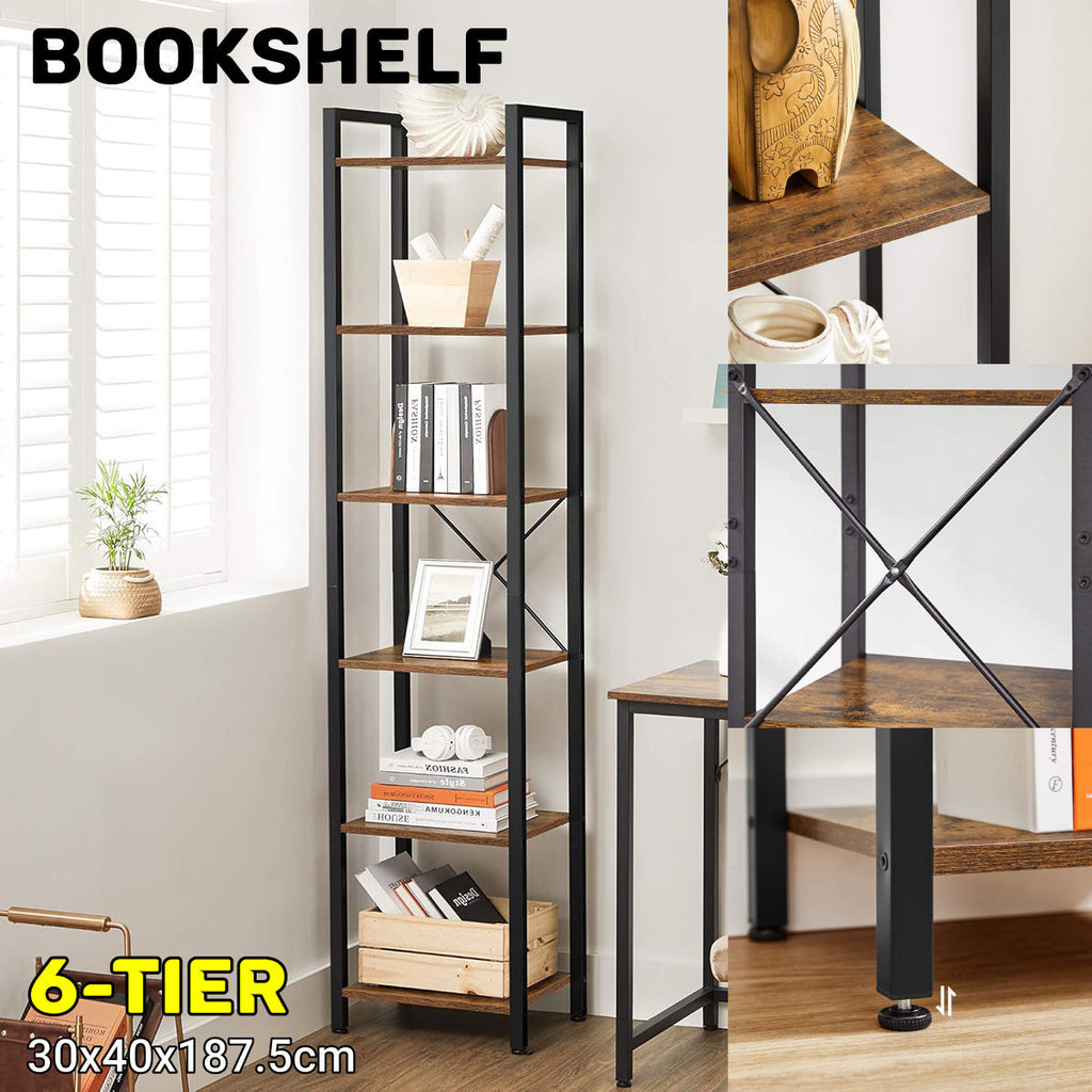 Space-Saving 6-Tier Corner Bookshelf with X-Brace