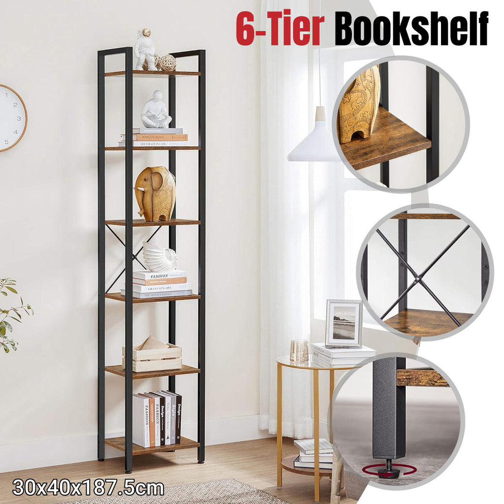 Space-Saving 6-Tier Corner Bookshelf with X-Brace