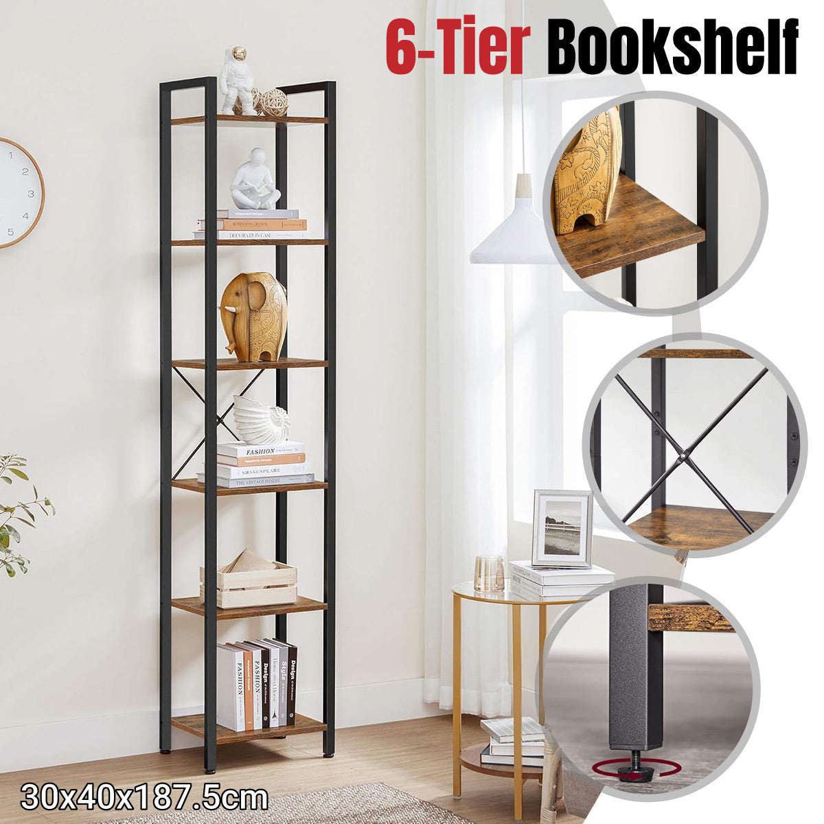 Space-Saving 6-Tier Corner Bookshelf with X-Brace