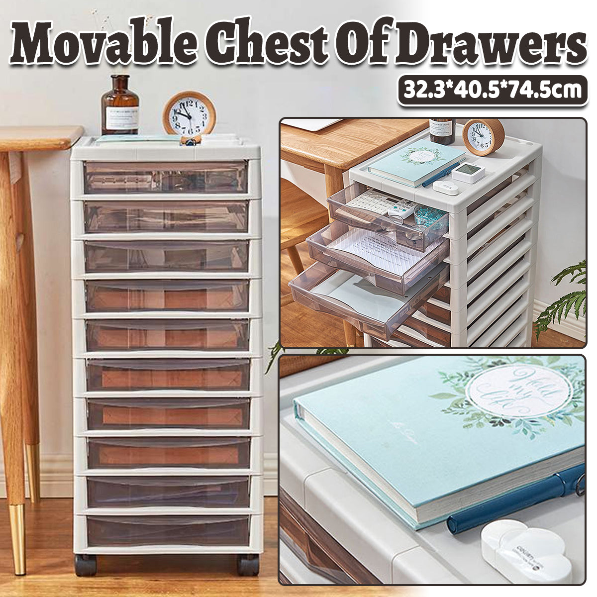 Mobile 10-Drawer Plastic Tower with Clear Fronts