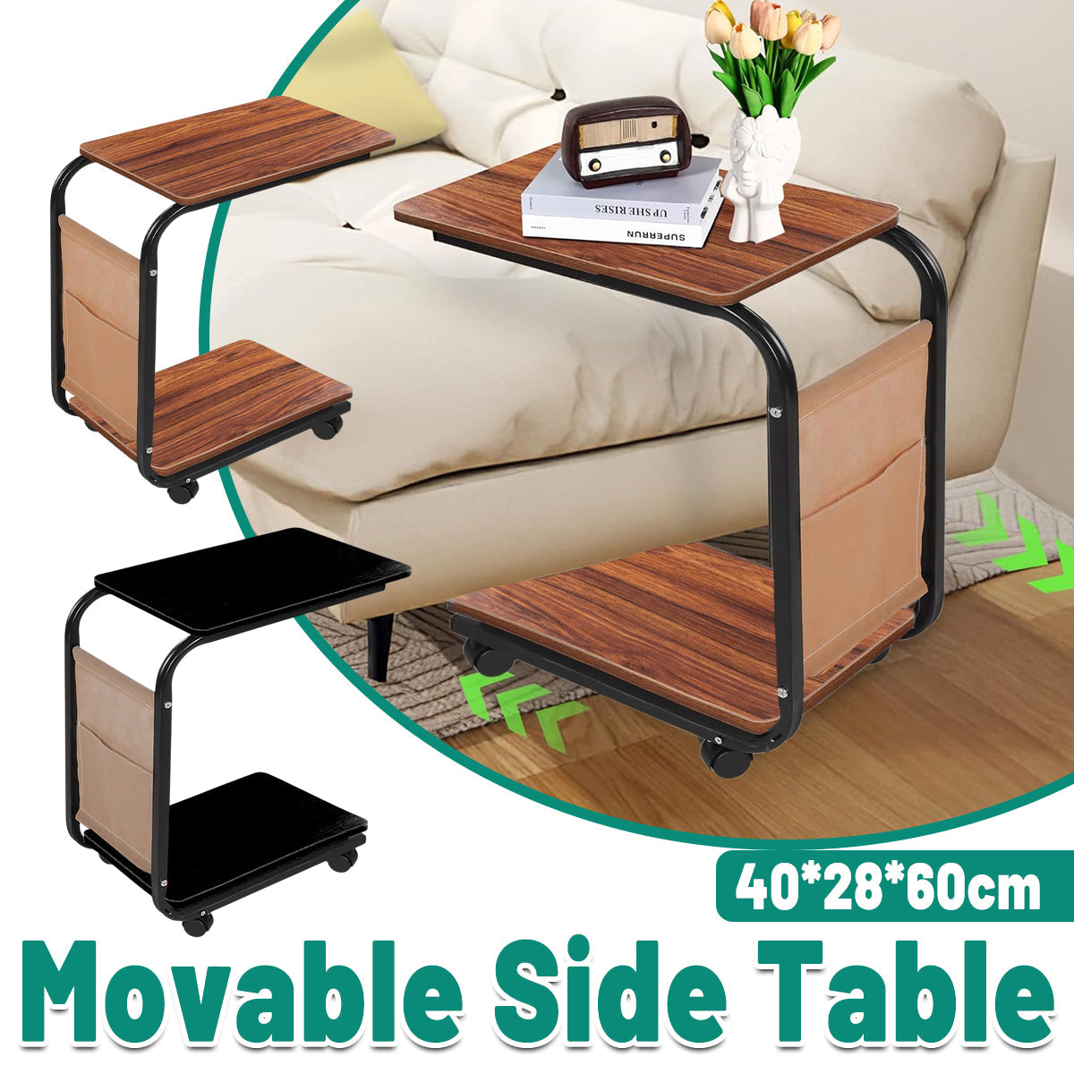 Mobile Sofa Side Table Featuring Lockable Wheels