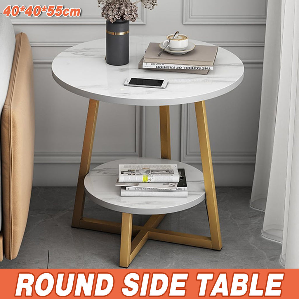 2-Tier Round Side Table with Marble-Look Top