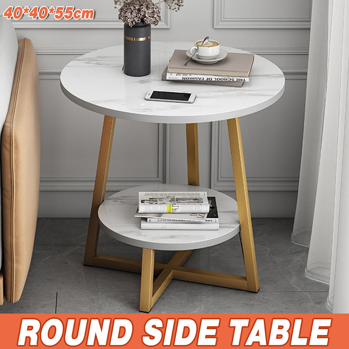 2-Tier Round Side Table with Marble-Look Top