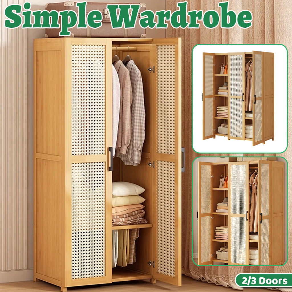 Minimalist Wardrobe with Doors Bamboo Durable for Bedroom Clothes Storage Use