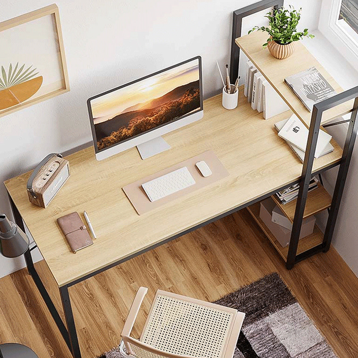 Home Study Desk Featuring a Reversible Side Bookcase