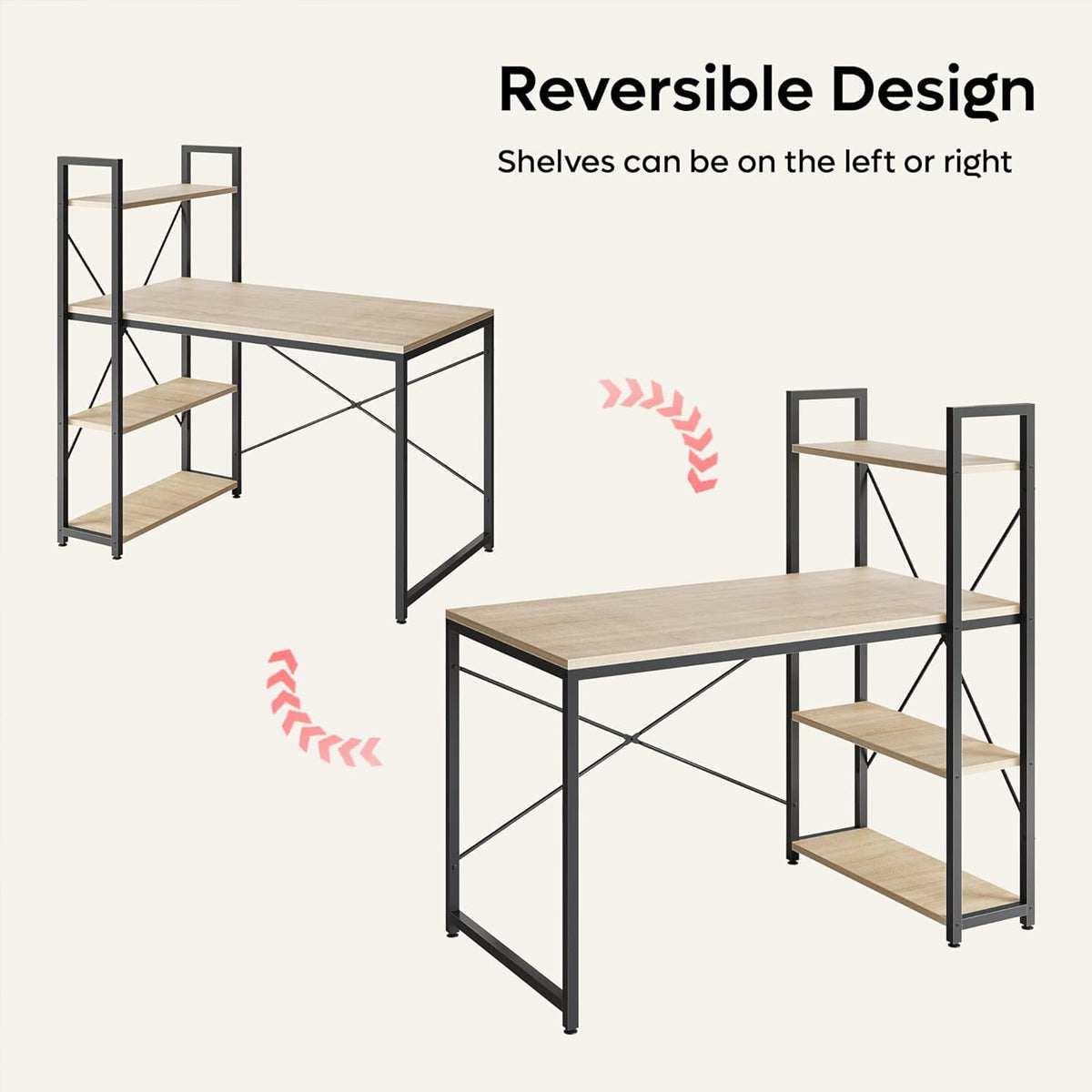 Home Study Desk Featuring a Reversible Side Bookcase